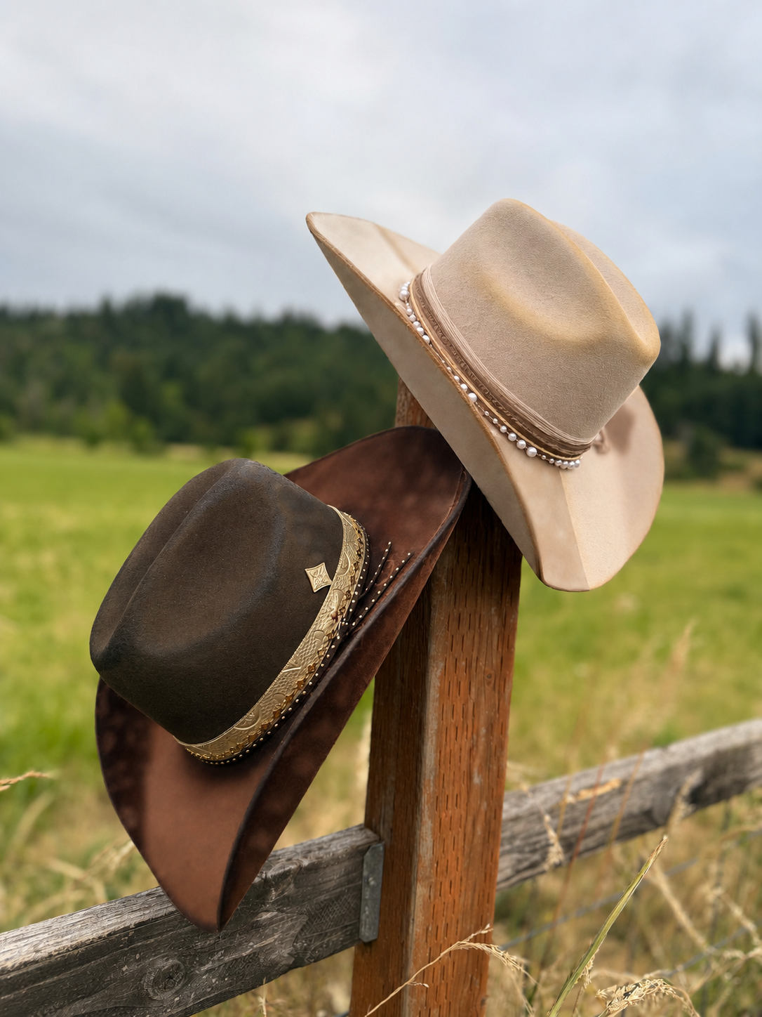 A cognac suede and a tan felt West n' Luxe hat perched on a fencepost